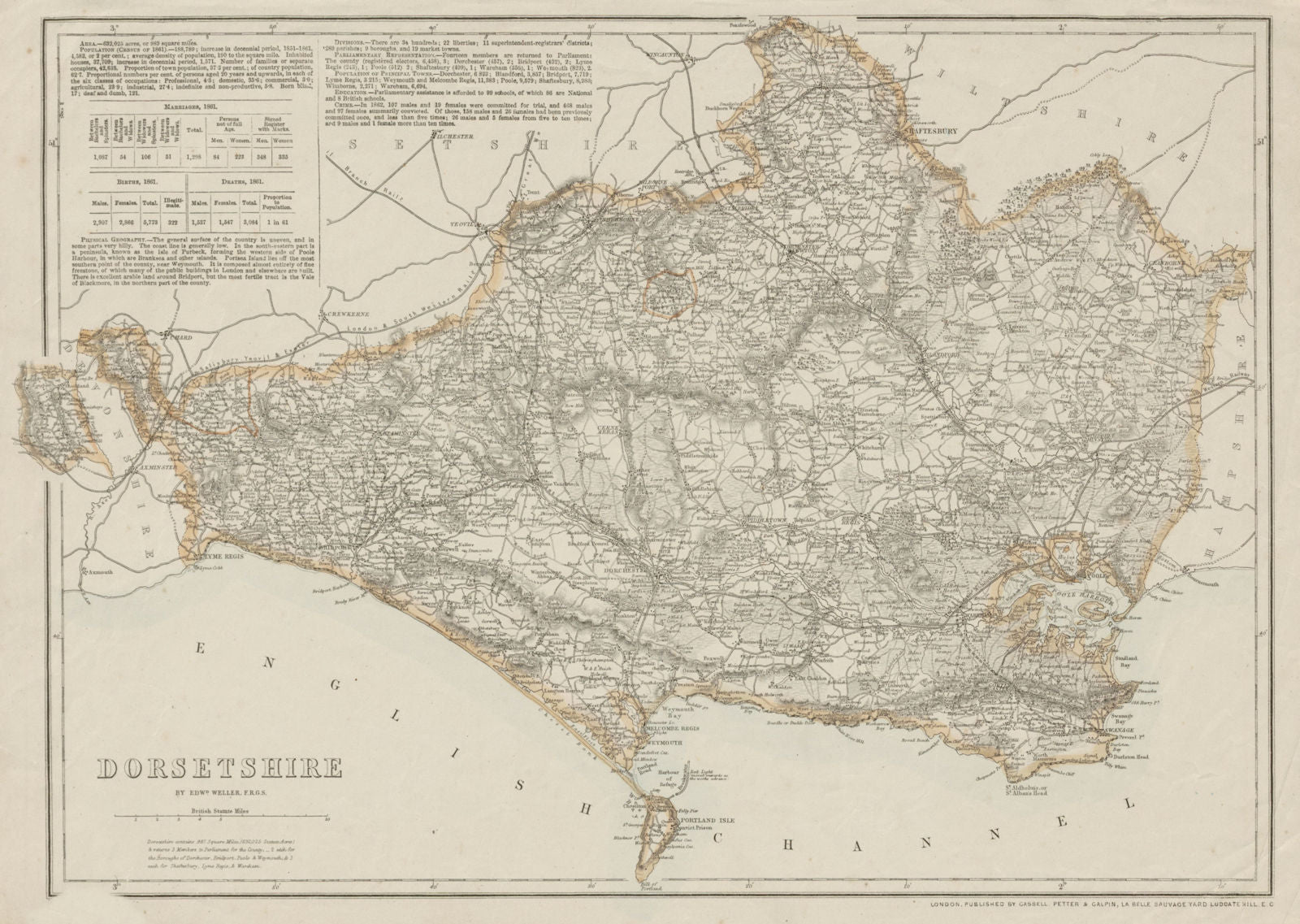 DORSETSHIRE county map. Poole Weymouth. Exclave. Railways. WELLER 1862 old
